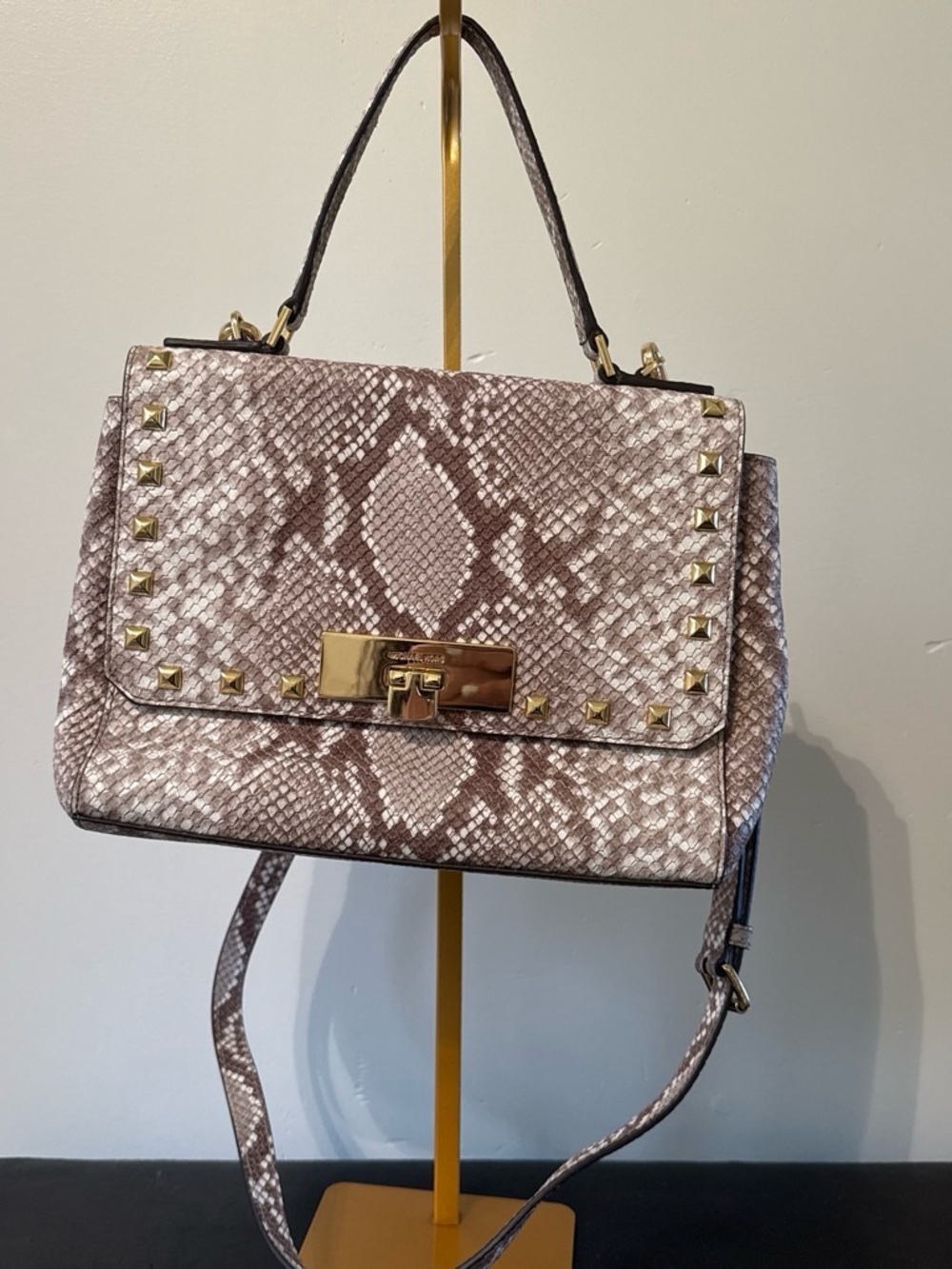 Snake-Embossed Stud Trim Top-Handle Bag in Taupe